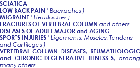 SCIATICA LOW BACK PAIN ( Backaches ) MIGRAINE ( Headaches ) FRACTURES OF VERTEBRAL COLUMN and others DISEASES OF ADULT MAJOR and AGING SPORTS INJURIES ( Ligaments, Muscles, Tendons and Cartilages ) VERTEBRAL COLUMN DISEASES, REUMATHOLOGIC and CHRONIC-DEGENERATIVE ILLNESSES, among many others ...